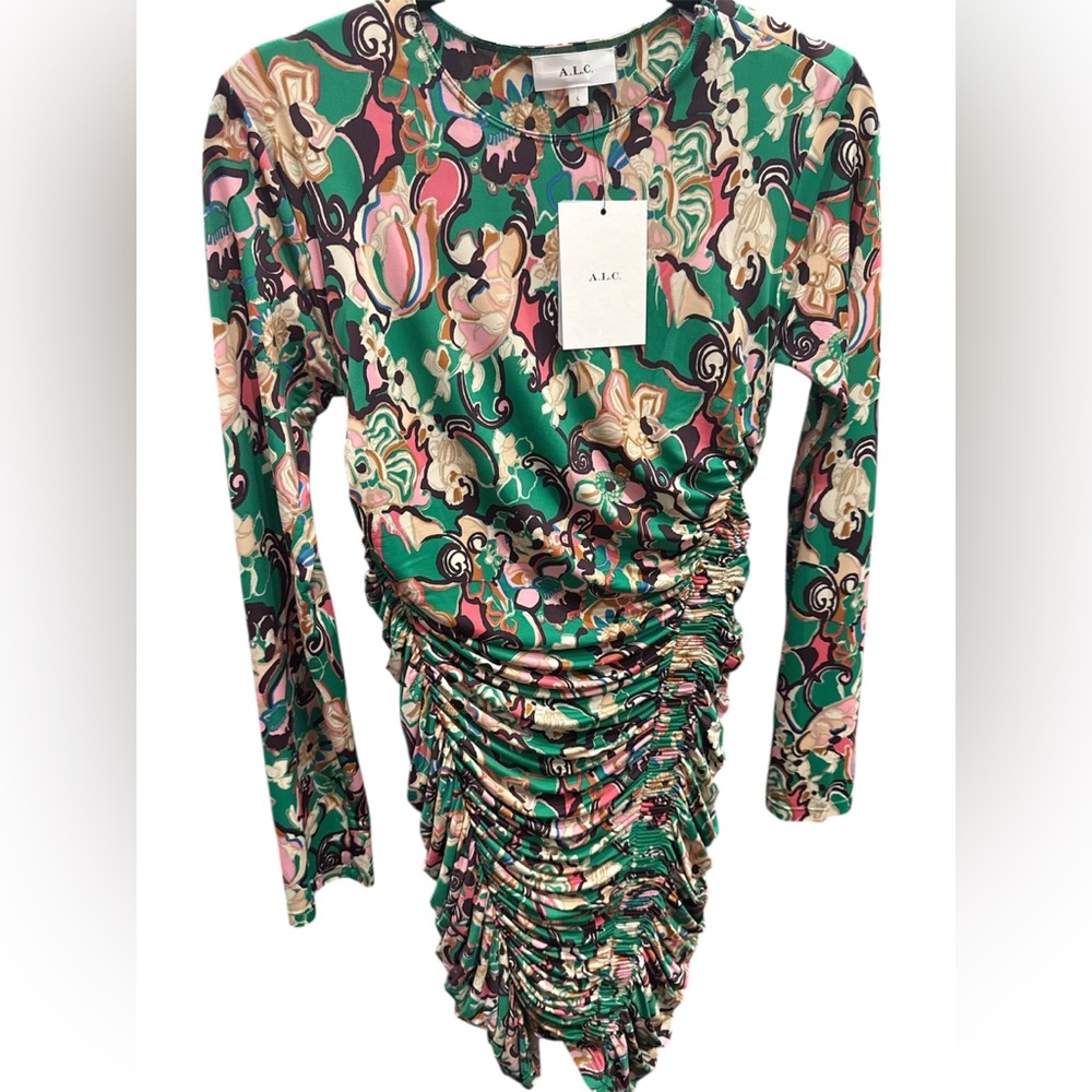 NWT A.L.C. Kiki Green Floral Ruched Stretch Dress Size Large - Picture 6 of 11